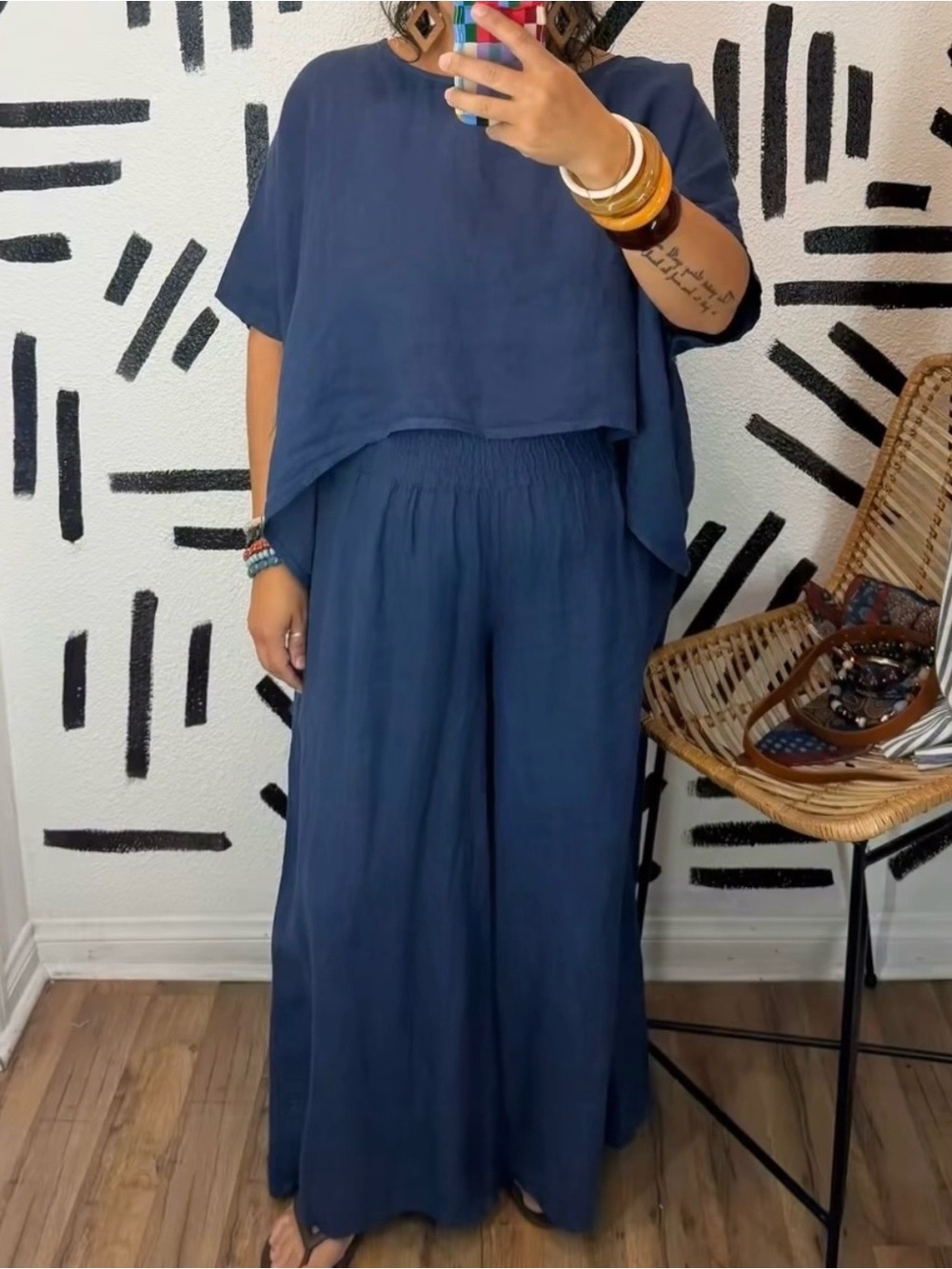 Women's Linen Navy Wide-Leg Set